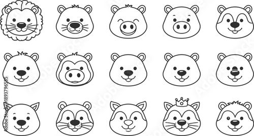   
Cartoon animal face grid with lion, pig, bear, panda, raccoon and more in black and white outline illustration