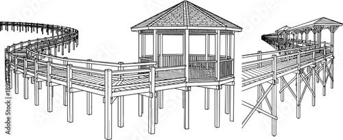Black and white line art illustration of a wooden pier with a gazebo walkway and waterfront dock for coastal architecture and travel designs