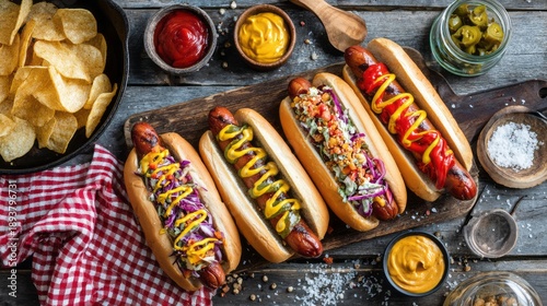 Wallpaper Mural Freshly grilled hot dogs topped with colorful ingredients sit on a rustic wooden board. A perfect summer gathering filled with vibrant flavors and crunchy potato chips nearby invites cheerful moments Torontodigital.ca