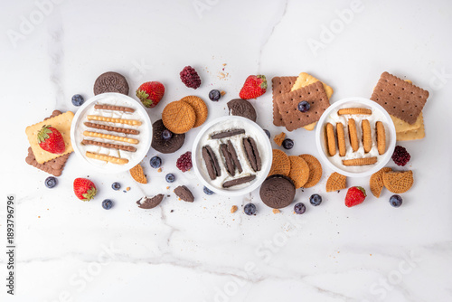 Quadro em tela Set of different trendy yogurt and cookie dessert