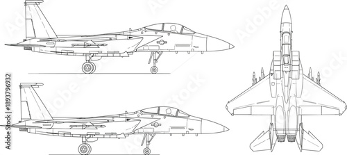 Black and white line art vector illustration of a modern fighter jet aircraft from side and top views for aviation defense technology