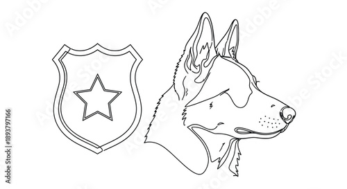 Line art illustration of a german shepherd and a police badge with a star