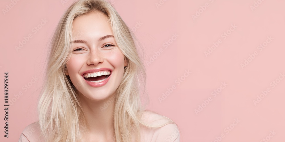 Naklejka premium Joyful young blonde woman laughing, close-up with perfect smile, pink background and ample right copyspace, concept for beauty advertising, dental hygiene and positive branding