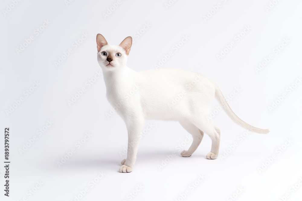 Fototapeta premium Tonkinese Cat stands on a white background while looking at the camera during a studio session