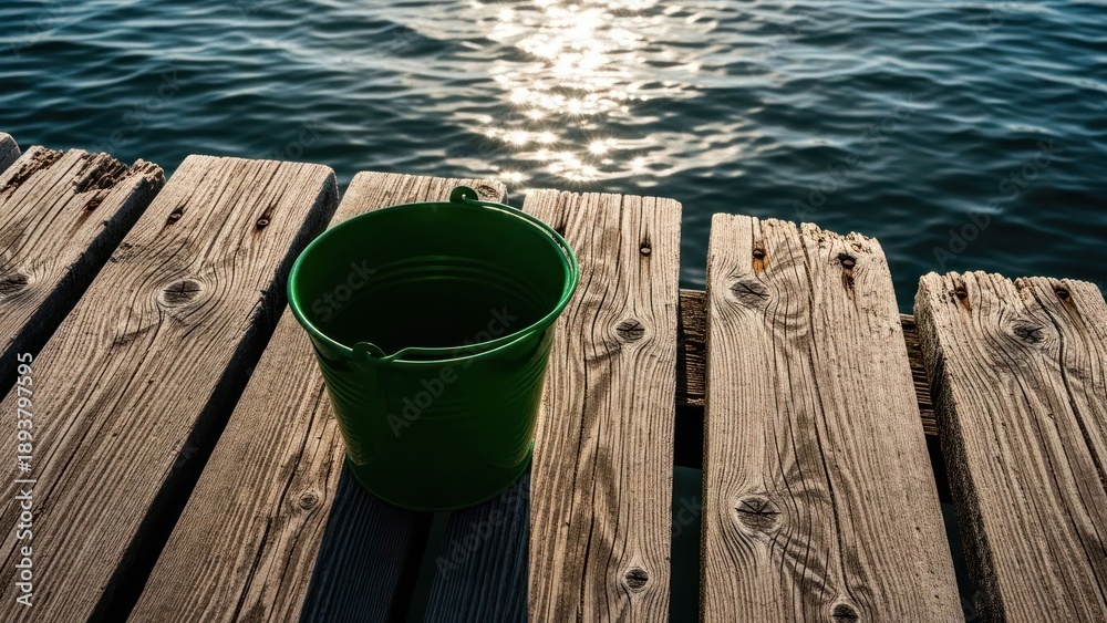 Naklejka premium A green bucket sits on a wooden dock overlooking a shimmering sea