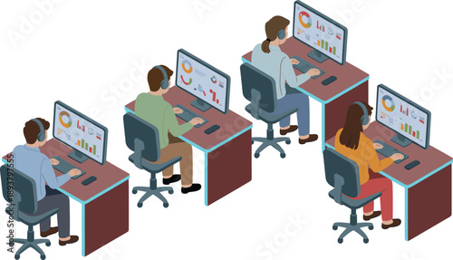 Isometric office teamwork illustration with employees analyzing data dashboards, modern workspace, business analytics, productivity, collaboration, corporate technology concept
