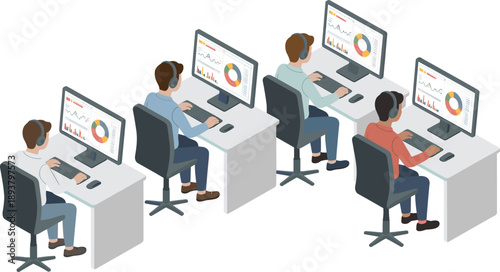 Isometric office teamwork illustration with employees analyzing data dashboards, modern workspace, business analytics, productivity, collaboration, corporate technology concept