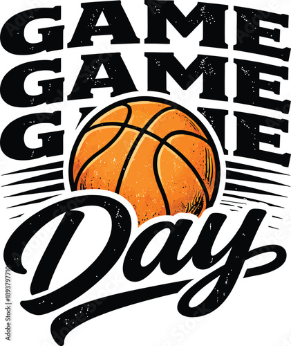 Basketball game day text design with vintage "GAME" and "DAY" typography and basketball illustration in black and orange
