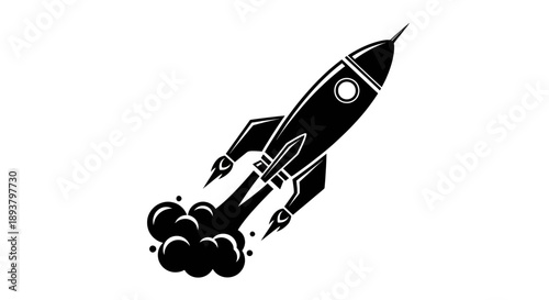 Stylized black and white rocket launch icon against a clean white background
