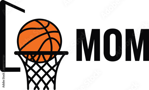 Basketball hoop and ball icon with "MOM" text in minimal black design isolated on white background