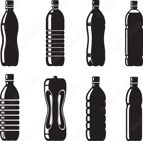A collection of eight stylized black silhouettes depicting various plastic bottles showcasing diverse shapes and sizes against a white background high-quality professional detailed modern