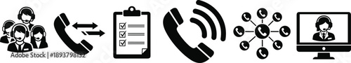Black and white vector icon set featuring call center agents, telephone handsets, checklists, network connections, and online support for customer service design