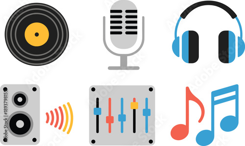 Music and audio icons set featuring microphone headphones speaker mixer vinyl record notes, sound production flat vector illustration