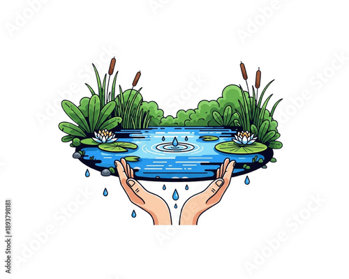 Hands holding water pond ecosystem vector illustration. Nature conservation concept with lotus flower, reeds and drops. Save environment and ecology care symbol on isolated background.