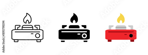 Gas stove icon set in outline, solid and color styles. Minimal vector symbols for cooking, burner, fire, flame, kitchen appliance, camping equipment, energy and household use.