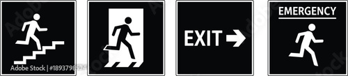 Black and white vector icon set featuring emergency exit signs with running man figures stairs and arrows for building safety and evacuation design