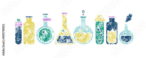Science laboratory, school chemistry banner with crayon texture on white background. Medical, chemical or biology lab, school education concept with tubes and flasks, vector illustration