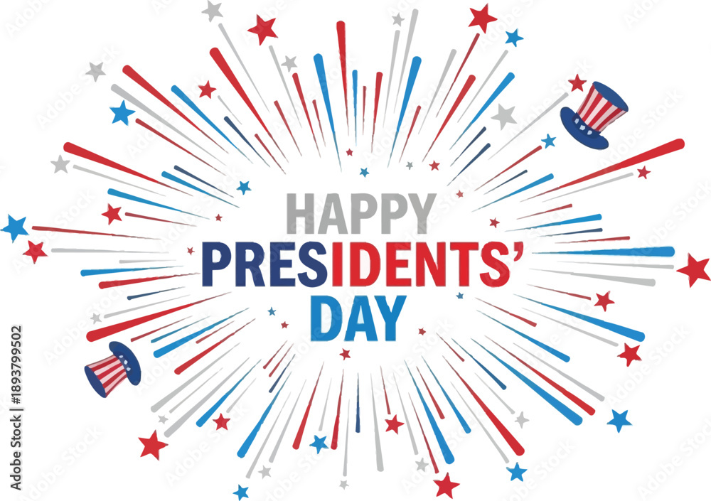 Fototapeta premium Happy Presidents' Day greeting card, patriotic firework burst with stars and uncle sam hats, red white and blue american holiday celebration vector