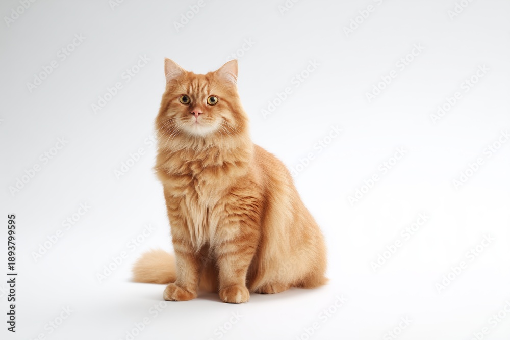 Obraz premium Orange Highland Fold cat sitting on a white background with a focused look during a studio session in the afternoon