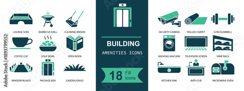 Building amenities icon set. Containing parking, BBQ grill, elevator, reception, CCTV, gym, laundry, bathtub, bunk bed, coffee, dining, garden and more. Solid fill vector icons collection