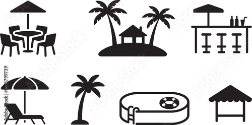 Black and white icons depicting various tropical vacation and leisure elements