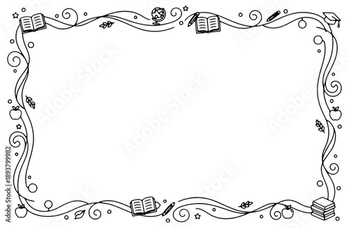 A charming black and white hand-drawn frame featuring educational doodles like books, pencils, globes, and graduation caps. Perfect for school announcements or certificate designs.