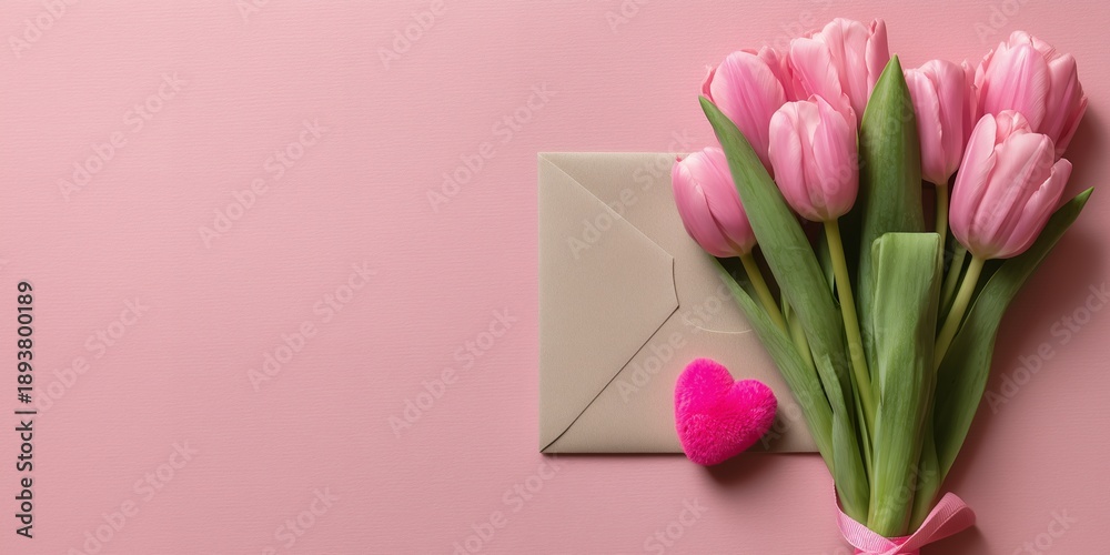 Fototapeta premium Pink tulips bouquet, beige envelope and fuzzy heart on soft pink background with large vertical copyspace, concept for women's holiday presentation, romantic advertising and spring event promotion