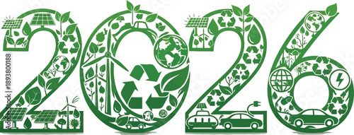 Green energy concept design illustrating the year 2026 filled with ecological elements like solar panels and recycling symbols