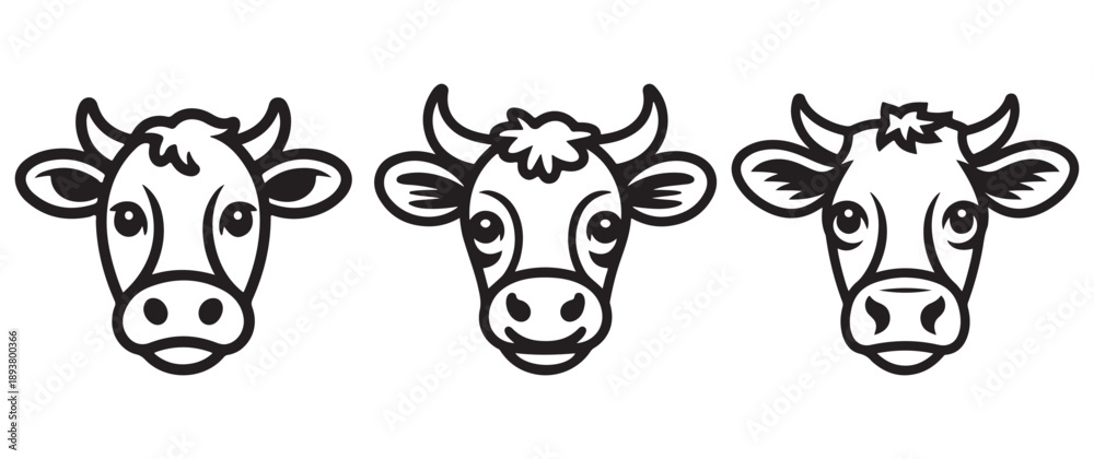 Obraz premium Three stylized cow heads in black and white, graphic illustrations with horns and gentle expressions, ideal for dairy, agriculture, or farm branding.