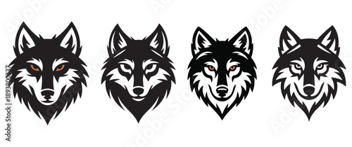 Set of four stylized wolf head logos, graphic illustrations in black and white with subtle orange eye accents, representing strength and wild nature.