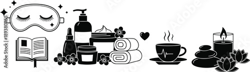 Black and white vector icon set featuring sleep mask skincare products rolled towels herbal tea and zen spa stones for wellness design
