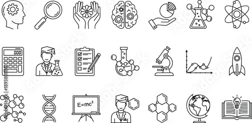 Black and white vector icon set featuring science equipment like microscopes and calculators with academic symbols for education research technology and laboratory design