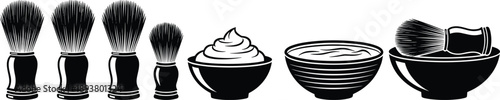 Black and white vector icon set featuring traditional shaving brushes and lather bowls with shaving cream for classic barber shop and grooming design