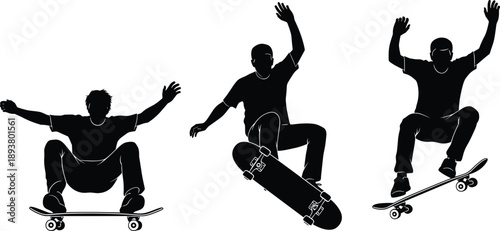 Skateboarding silhouette illustration set showing skateboarders performing jumps and tricks, capturing urban street culture, extreme sports energy, and dynamic motion.