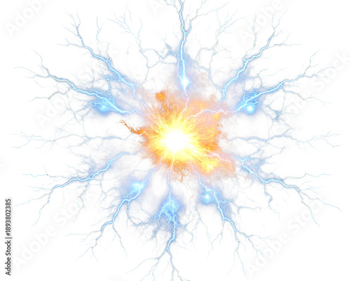 Abstract Electric Explosion with Blue Arcs and Orange Center on Transparent Background