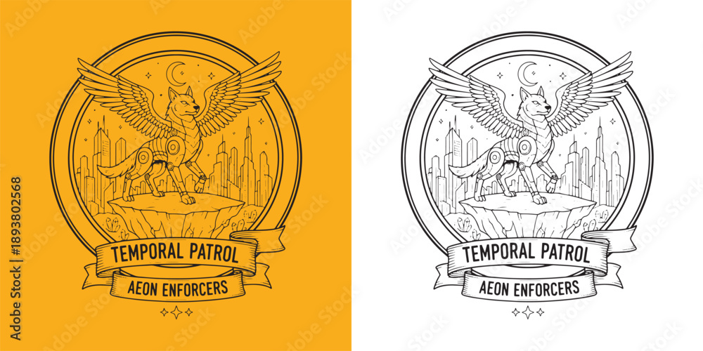 Obraz premium Temporal Patrol Aeon Enforcers Winged Cyber Wolf City Emblem