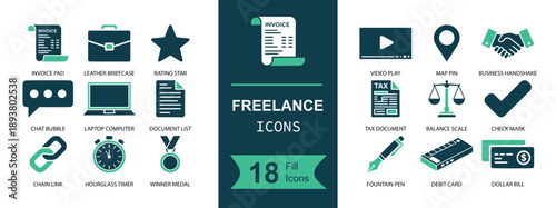 Freelance icon set. Containing invoice, briefcase, rating star, chat, laptop, document, link, timer, medal, play, location, handshake, check and more. Solid fill vector icons collection