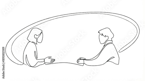 Continuous line drawing of two people sitting and talking to each other