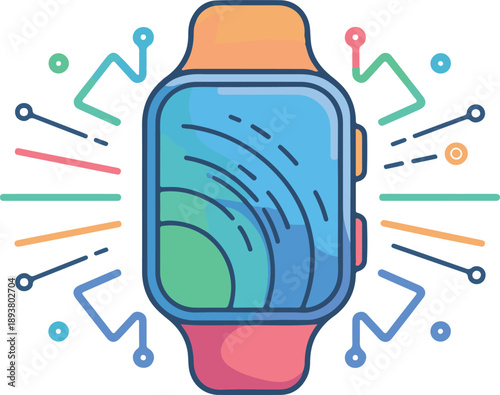 Colorful smartwatch with abstract lines and shapes around it on white background