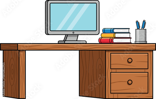 Modern wooden office desk workspace with computer monitor, books and stationery supplies illustration for study and business