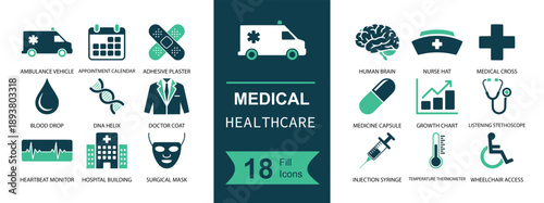 Healthcare icon set. Containing ambulance, hospital, doctor, nurse, stethoscope, syringe, pill, thermometer, DNA, blood, cross, wheelchair and more. Solid fill vector icons collection