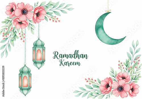 Vibrant watercolor floral design with traditional hanging lanterns and a celestial crescent moon, celebrating the joyous occasion of Ramadhan Kareem