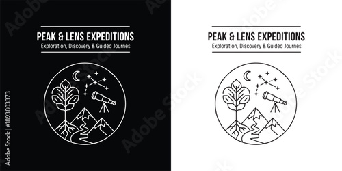 Outdoor Adventure Expedition Badge with Mountain, Tree, and Telescope Line Art