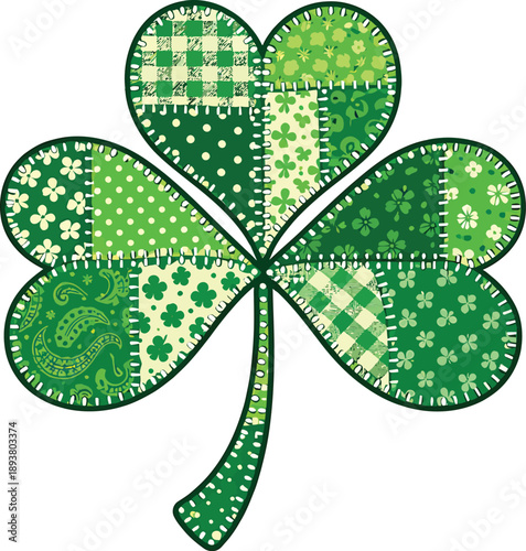 Vintage patchwork green shamrock design for St. Patrick’s Day with clovers and checkered patterns