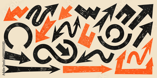 Abstract illustration featuring dynamic arrows and looping shapes in contrasting colors
