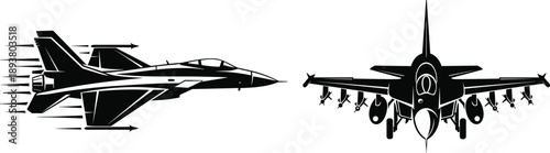 Black and white vector illustration of modern military fighter jets in flight and front view for air force aviation and defense design