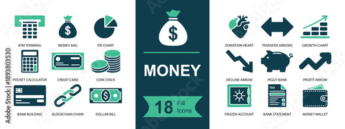 Money icon set. Containing calculator, money bag, coins, banknotes, credit card, wallet, piggy bank, safe, chart, profit, debt, transfer and more. Solid fill vector icons collection