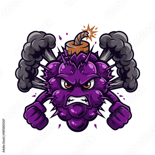 Furious creature with bomb explodes in cartoon illustration