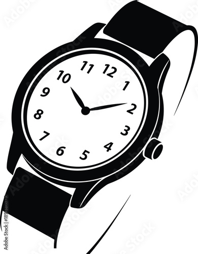 Classic analog wristwatch showing 10:10 time, black strap, round dial, minimal design, timeless style, flat vector illustration