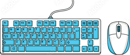 Custom keyboard with blue-highlighted keys and wired mouse, unique layout for specialized input, tech icon, flat vector illustration